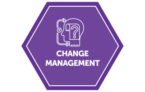 Dark purple hexagon that says Change Management.